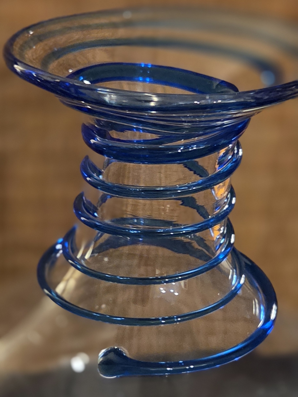 Vintage Handmade Art Glass Clear & Blue Spiral Coil Vase 7"